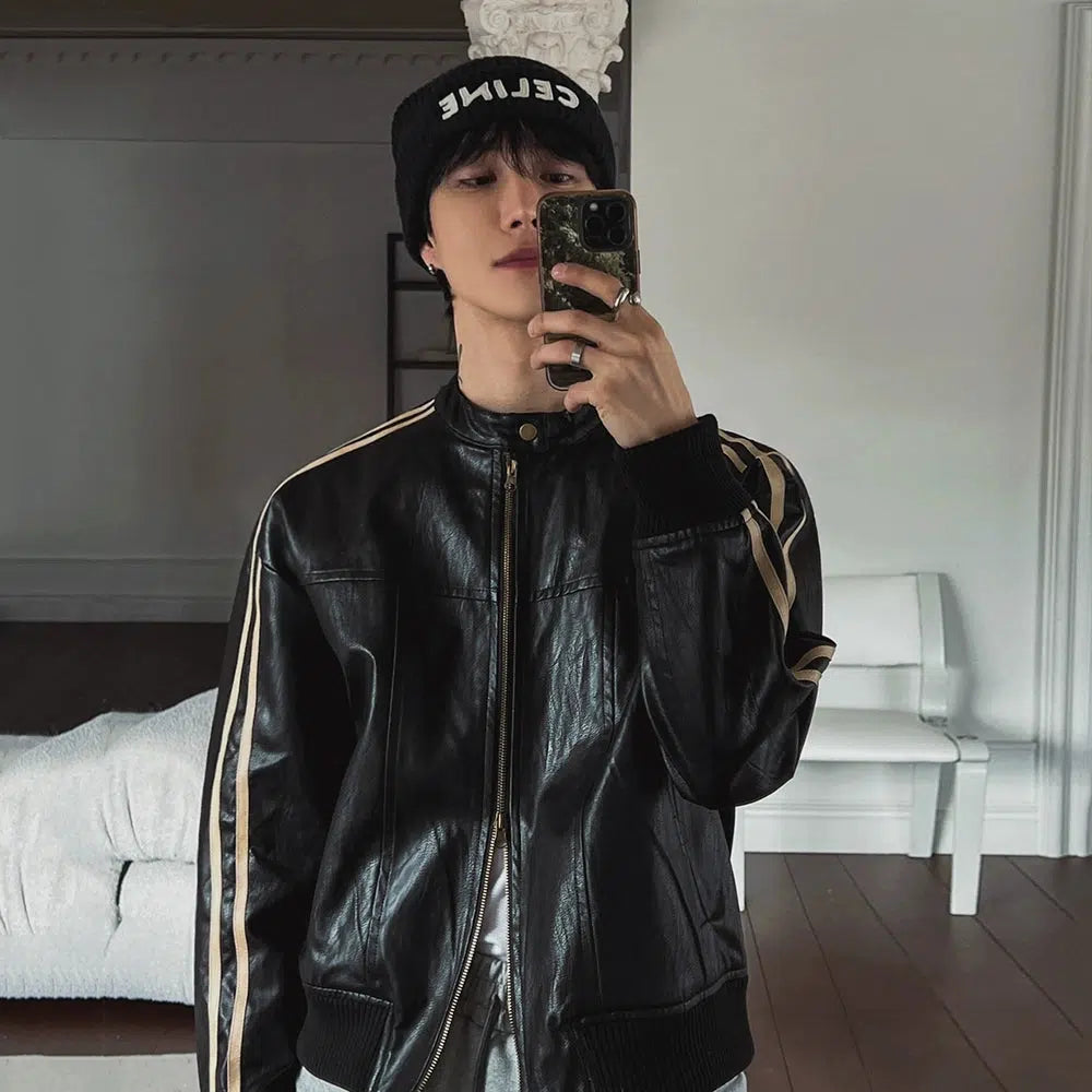 Striped Accents Leather Jacket