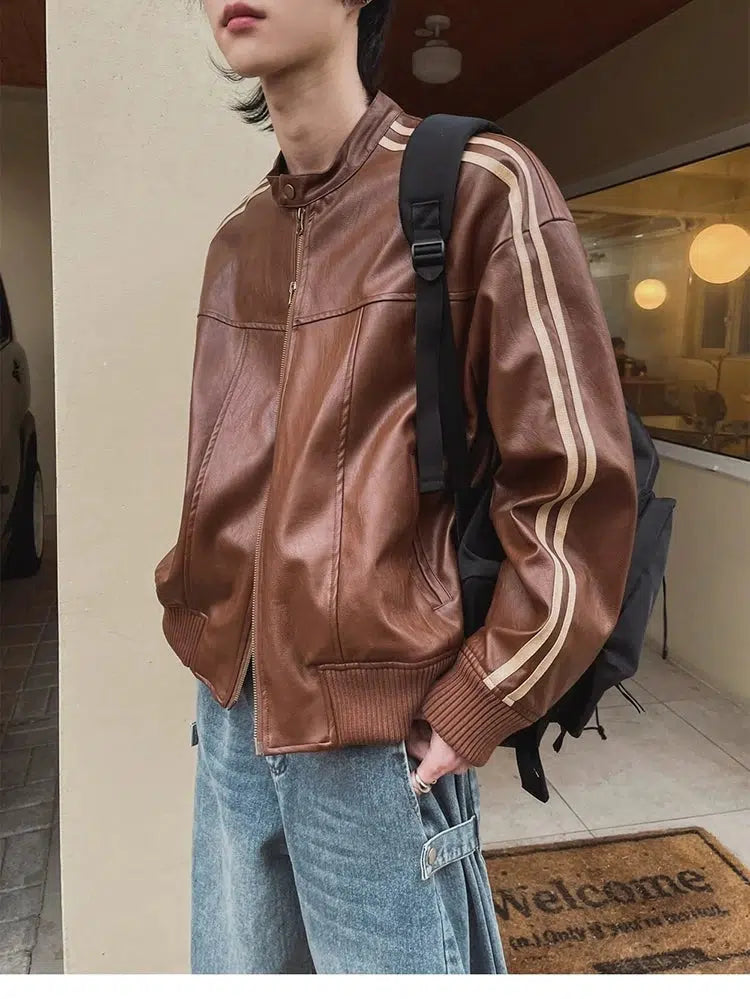 Striped Accents Leather Jacket