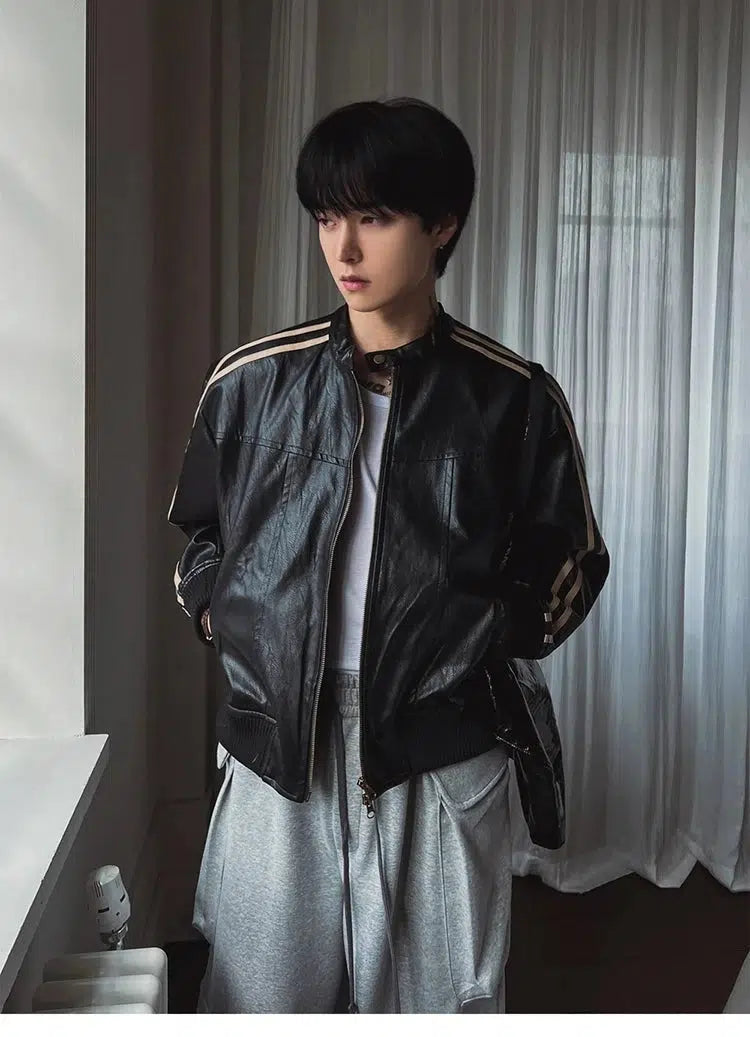Striped Accents Leather Jacket