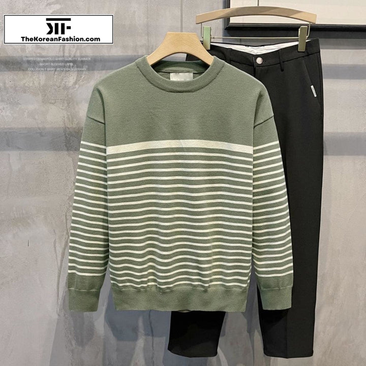 Striped Bottoming Round Neck Pullover