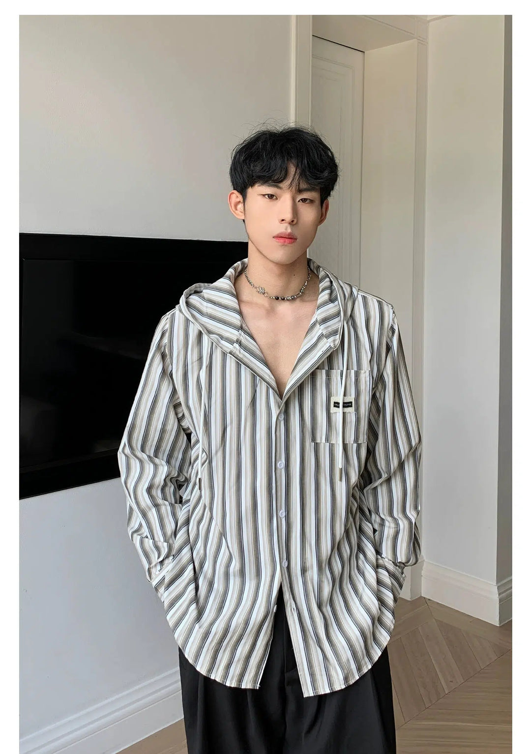 Striped Hooded Button Up Shirt M Khaki