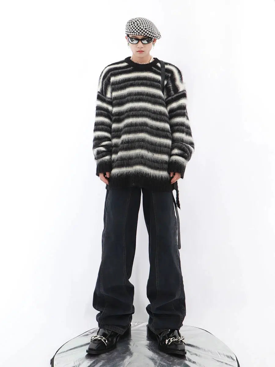 Striped Mohair Round Neck Loose Sweater