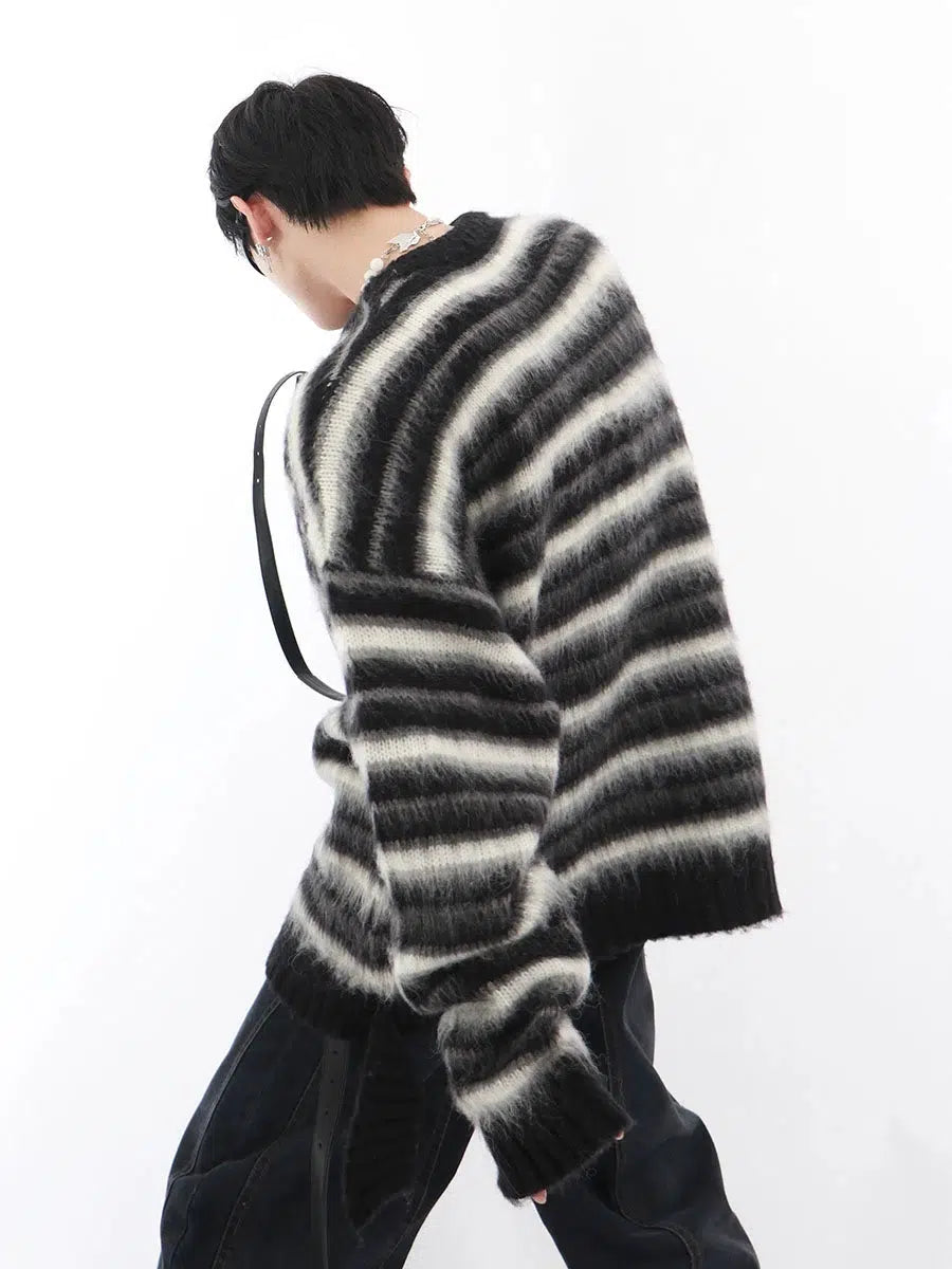 Striped Mohair Round Neck Loose Sweater