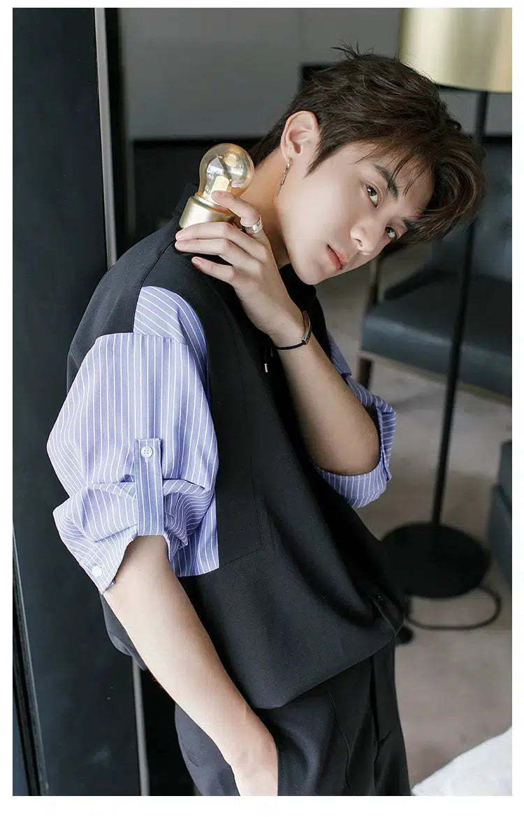 Striped Patchwork Rolled Sleeve Shirt