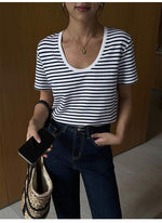 Striped U-neck T-shirt