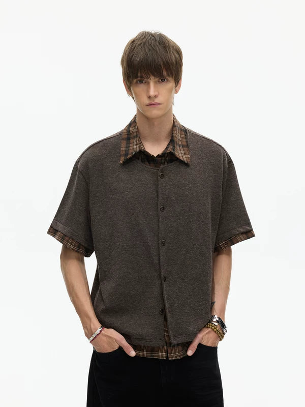 Plaid Patchwork Faux Layered Short Sleeve Shirt 4