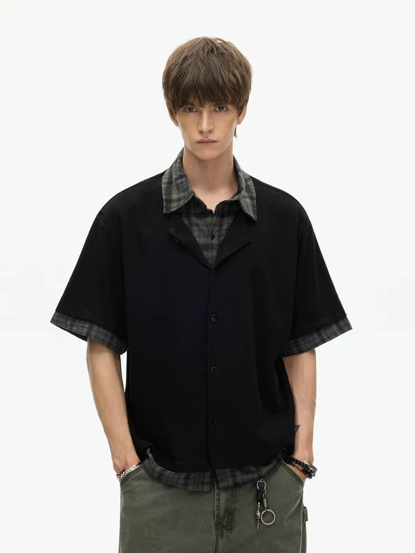 Plaid Patchwork Faux Layered Short Sleeve Shirt 5
