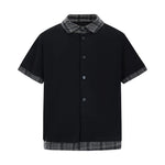 6203995271317,6203995271318,6203995271319,6203995271320, Plaid Patchwork Faux Layered Short Sleeve Shirt