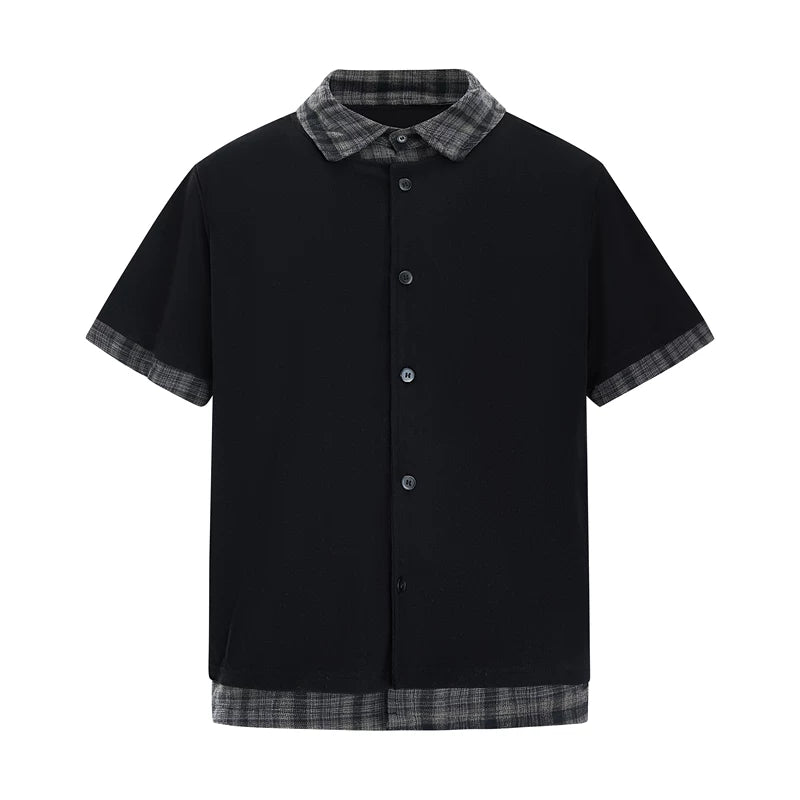 6203995271317,6203995271318,6203995271319,6203995271320, Plaid Patchwork Faux Layered Short Sleeve Shirt