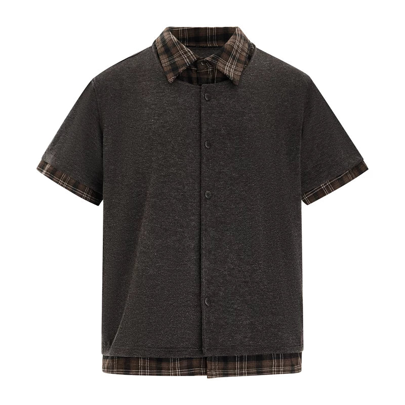 6203995271321,6203995271322,6203995271323,6203995271324, Plaid Patchwork Faux Layered Short Sleeve Shirt