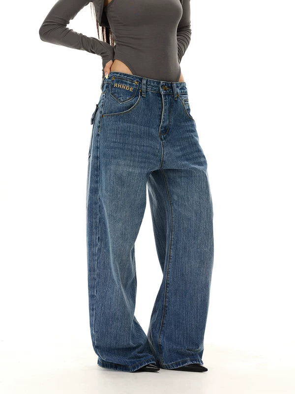 Wide Leg Embroidered Denim Jeans Pants 3