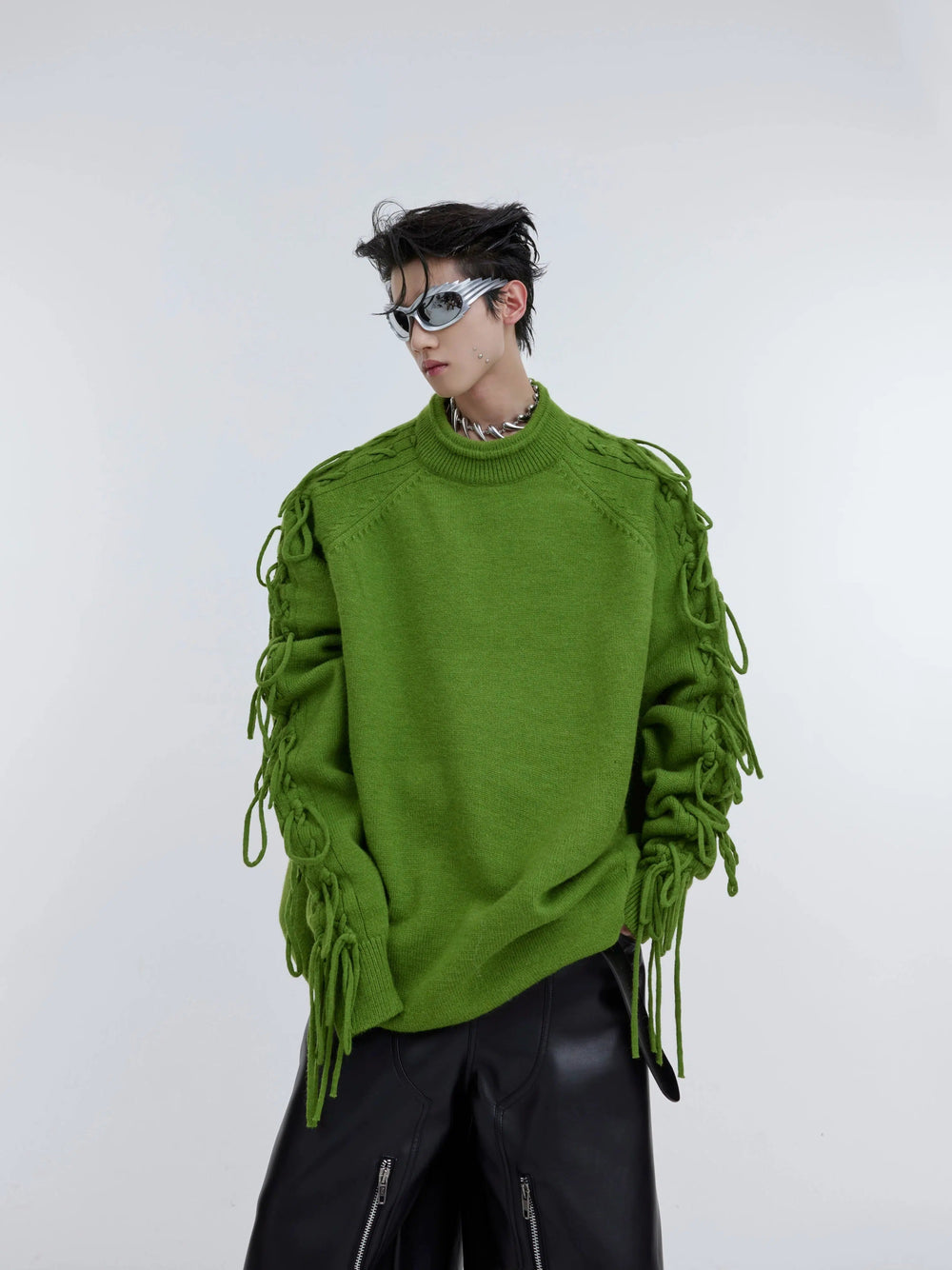 Tassel Pleated Round Neck Sweater