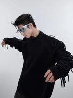 Tassel Pleated Round Neck Sweater