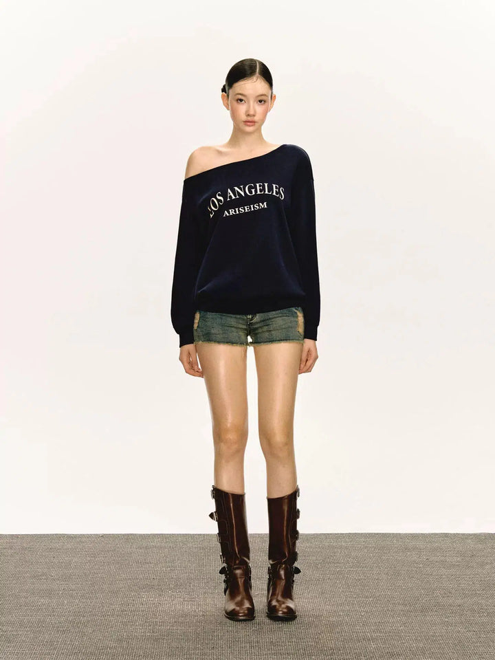Text Print Off-Shoulder Pullover