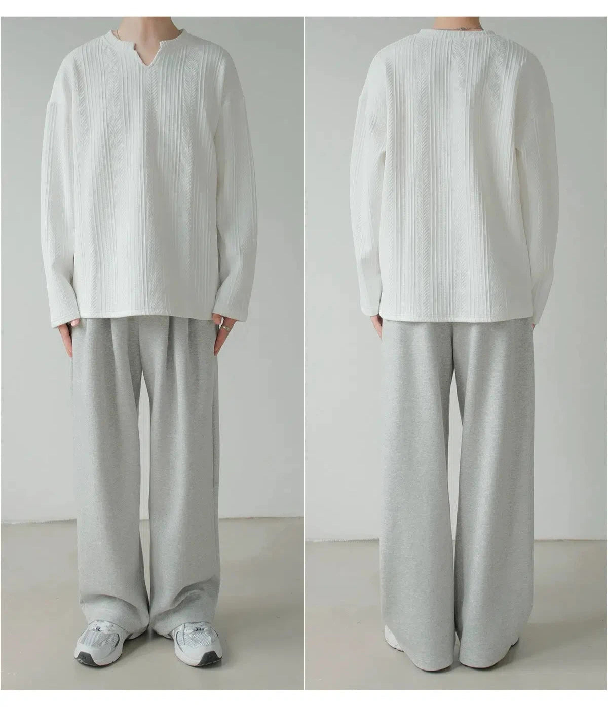 Textured V-neck Long-sleeved Pullover