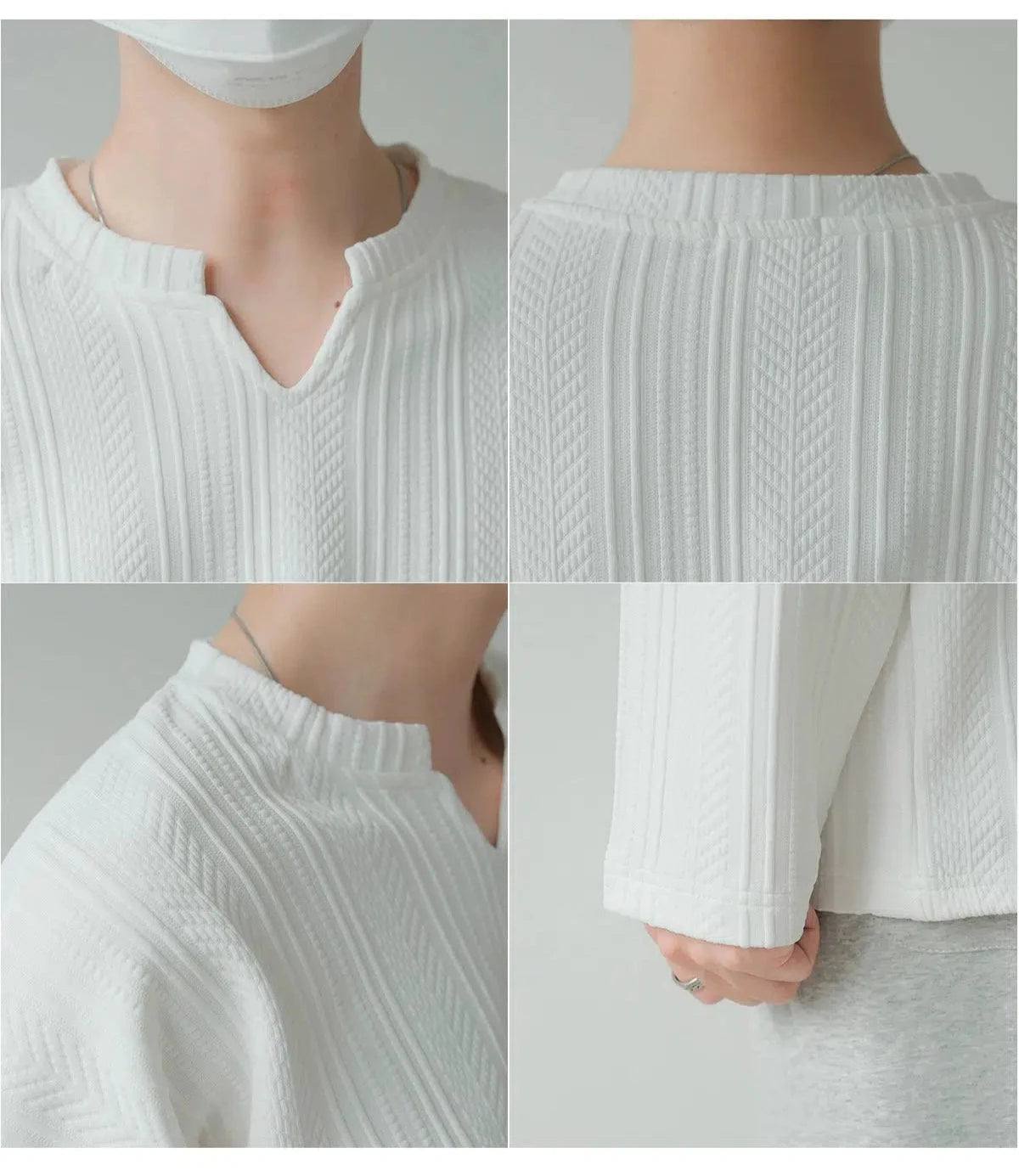 Textured V-neck Long-sleeved Pullover