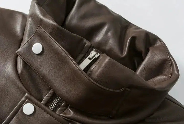 Thickened PU Leather Solid Color Puffer Jacket