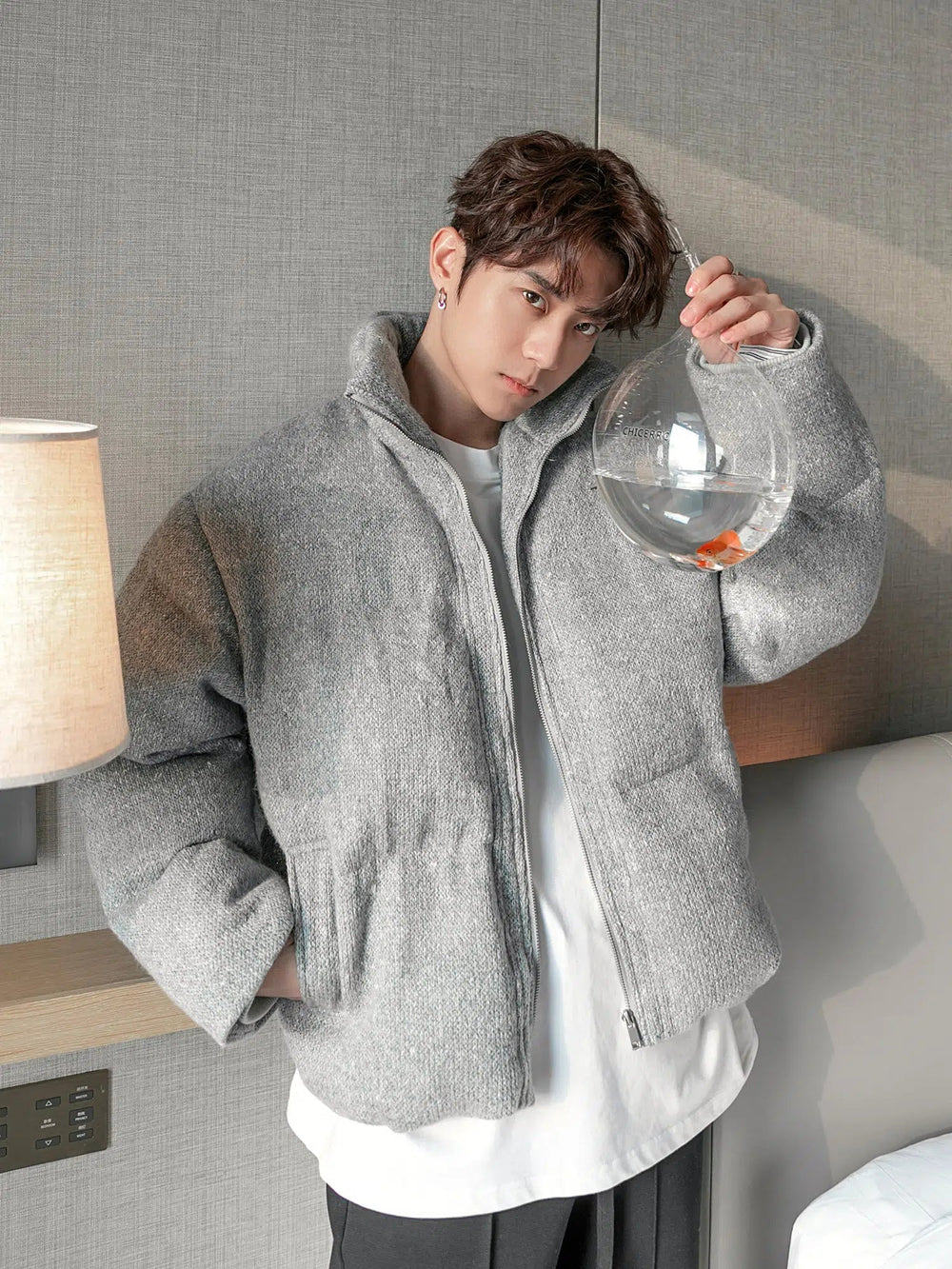 Thickened Textured Stand Collar Zipper Jacket