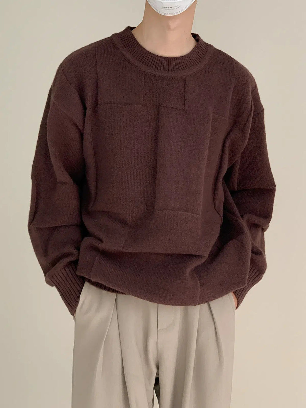 Three-dimensional Plaid Crew Neck Sweater