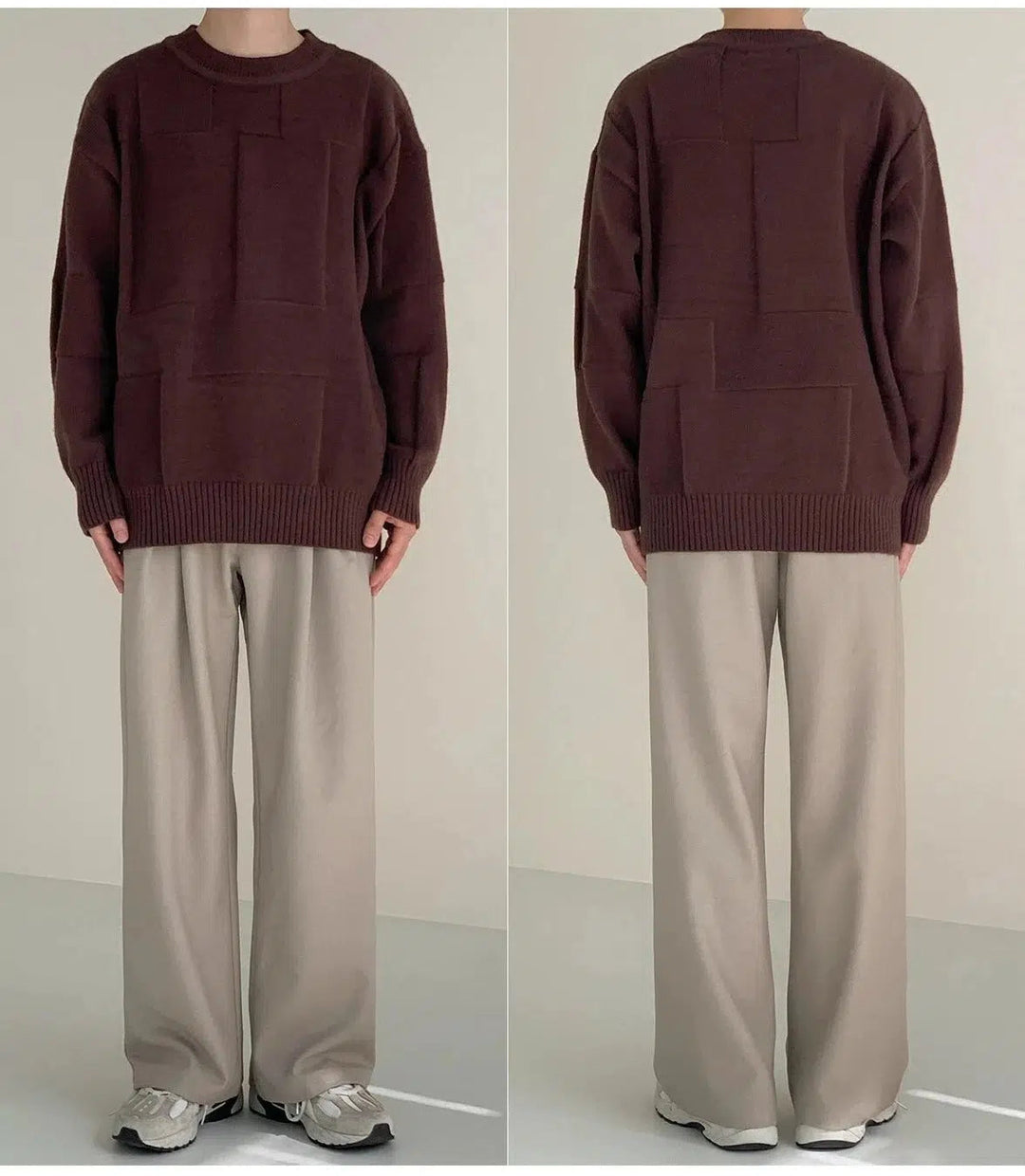 Three-dimensional Plaid Crew Neck Sweater