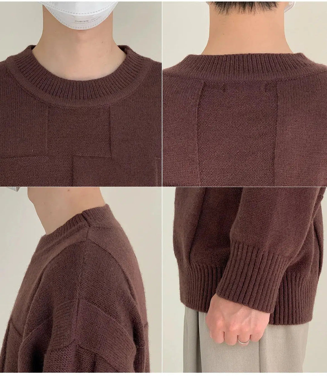 Three-dimensional Plaid Crew Neck Sweater