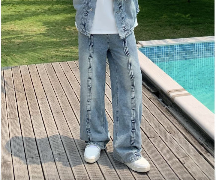 Tropical-Inspired Casual Denim Two-Piece Suit