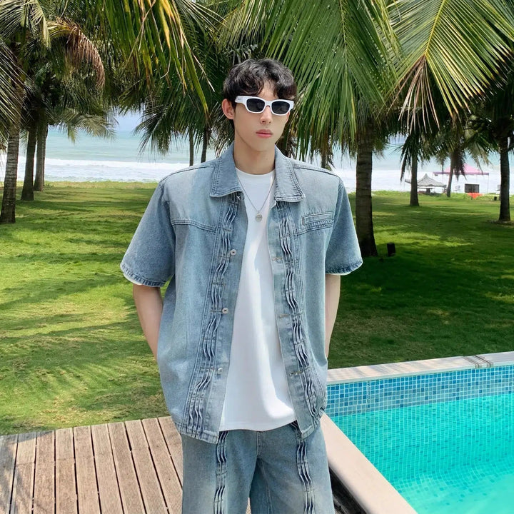 Tropical-Inspired Casual Denim Two-Piece Suit
