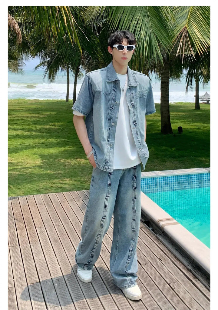 Tropical-Inspired Casual Denim Two-Piece Suit