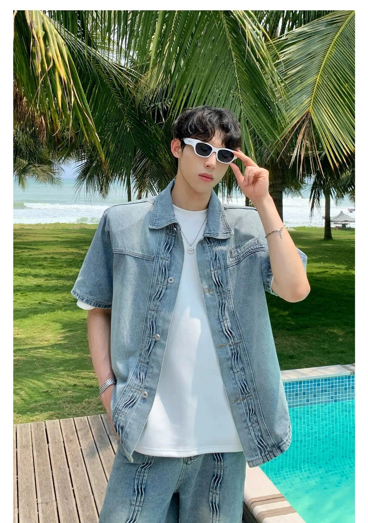 Tropical-Inspired Casual Denim Two-Piece Suit