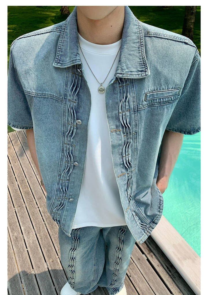 Tropical-Inspired Casual Denim Two-Piece Suit