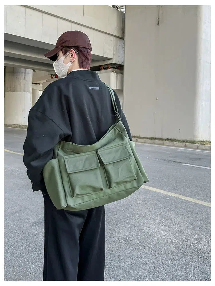 Utility Pockets Casual Canvas Shoulder Bag