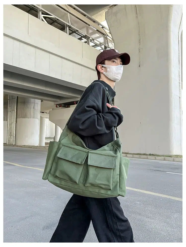 Utility Pockets Casual Canvas Shoulder Bag