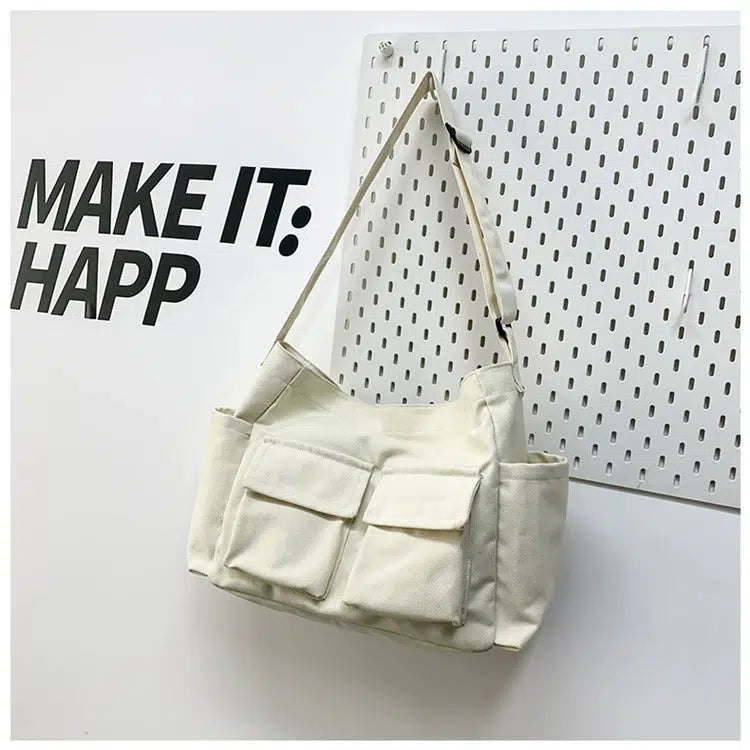Utility Pockets Casual Canvas Shoulder Bag