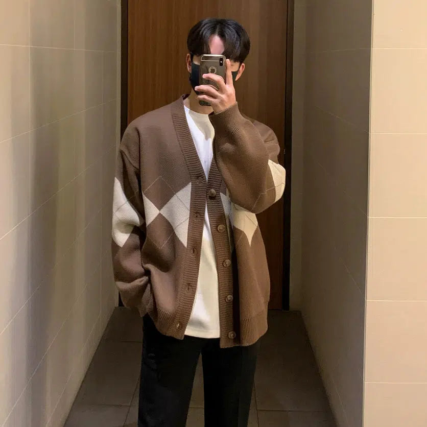 V-Neck Argyle Knitted Cardigan