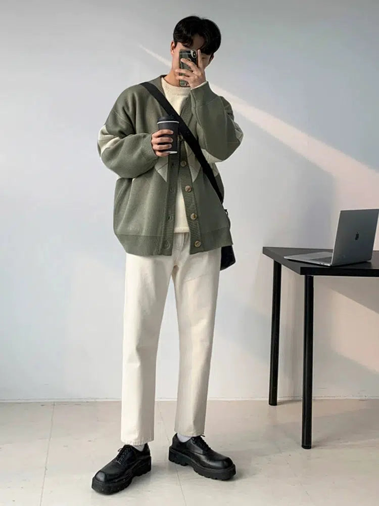 V-Neck Argyle Knitted Cardigan