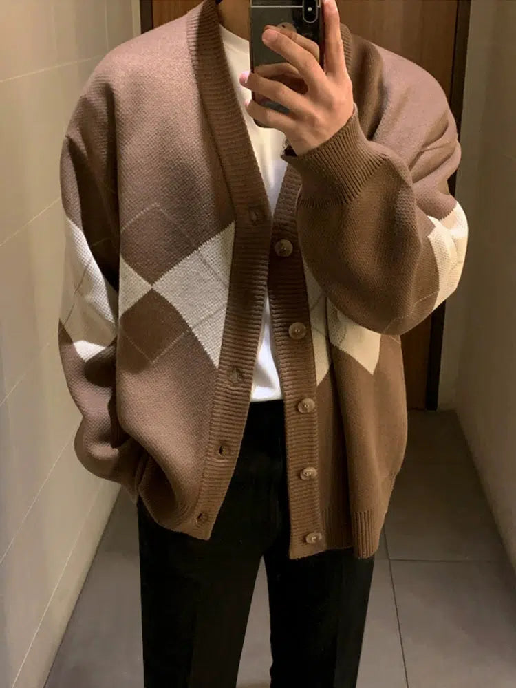 V-Neck Argyle Knitted Cardigan