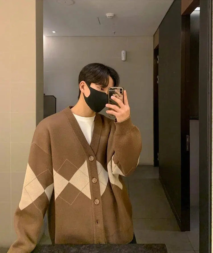 V-Neck Argyle Knitted Cardigan