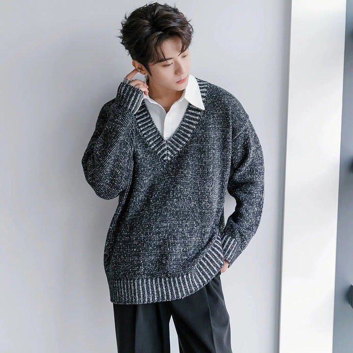 V-Neck Knit Sweater with Striped Trim