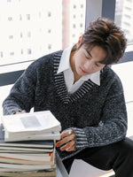 V-Neck Knit Sweater with Striped Trim