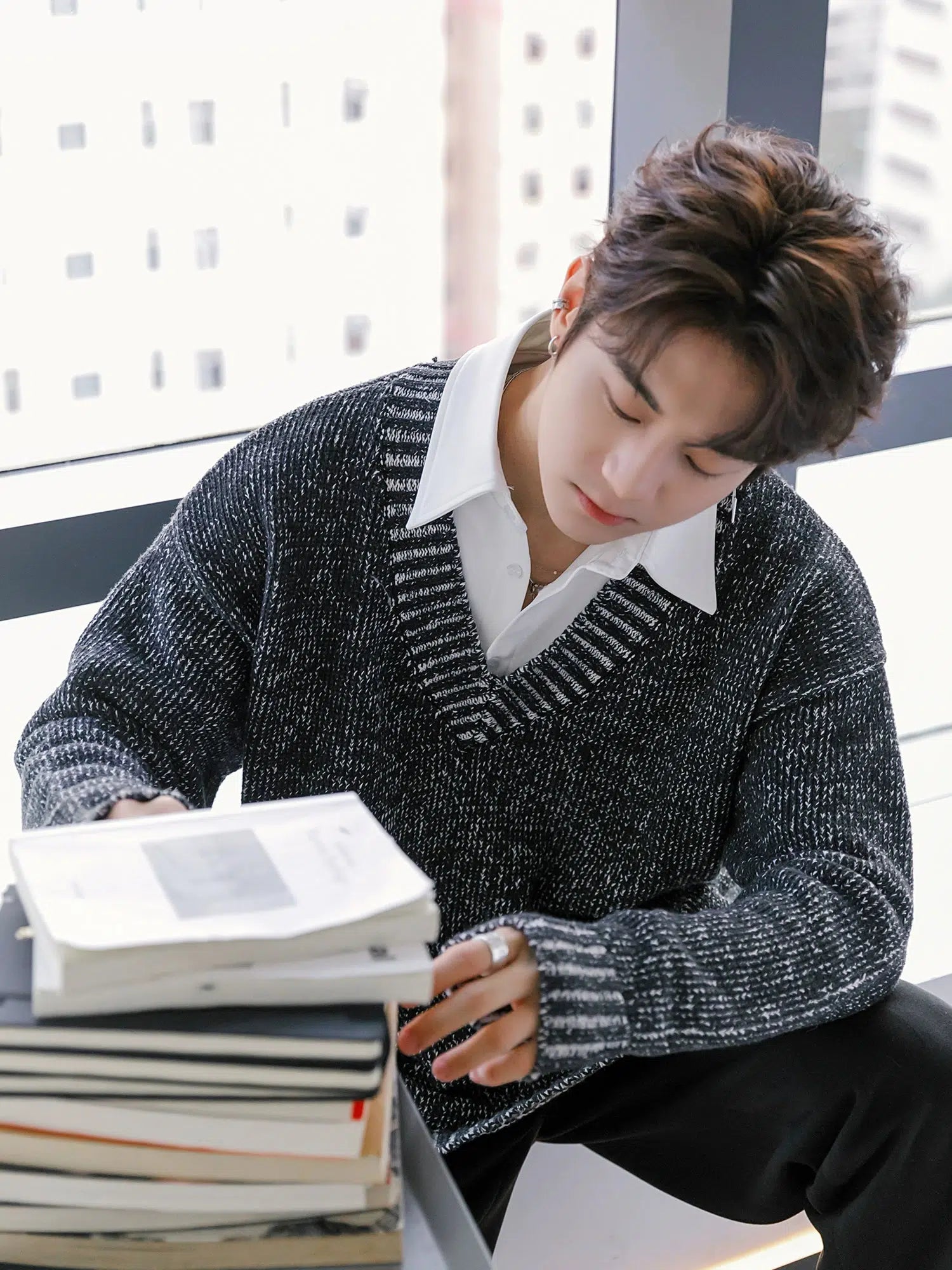 V-Neck Knit Sweater with Striped Trim