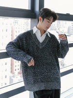 V-Neck Knit Sweater with Striped Trim