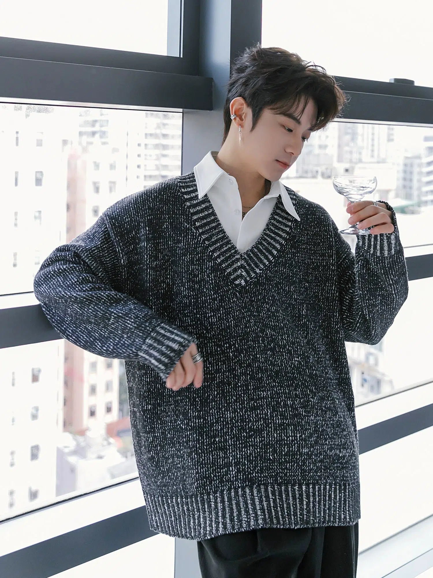 V-Neck Knit Sweater with Striped Trim