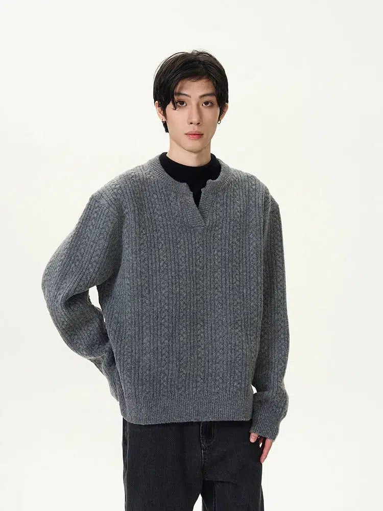 V-Slit Neckline Cable Knit Sweater