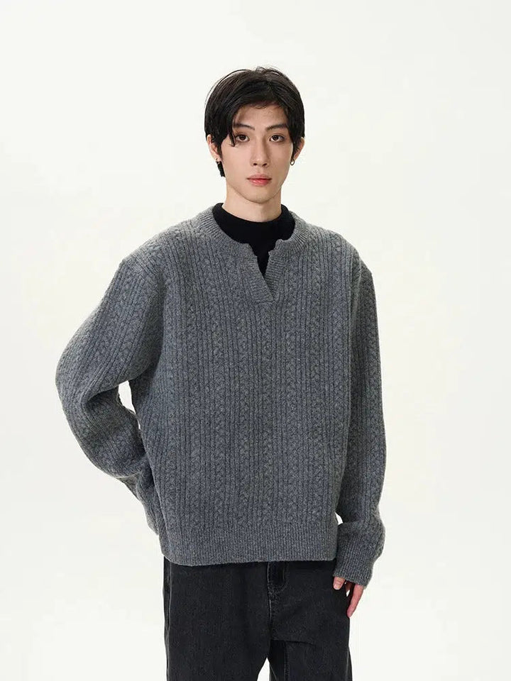 V-Slit Neckline Cable Knit Sweater