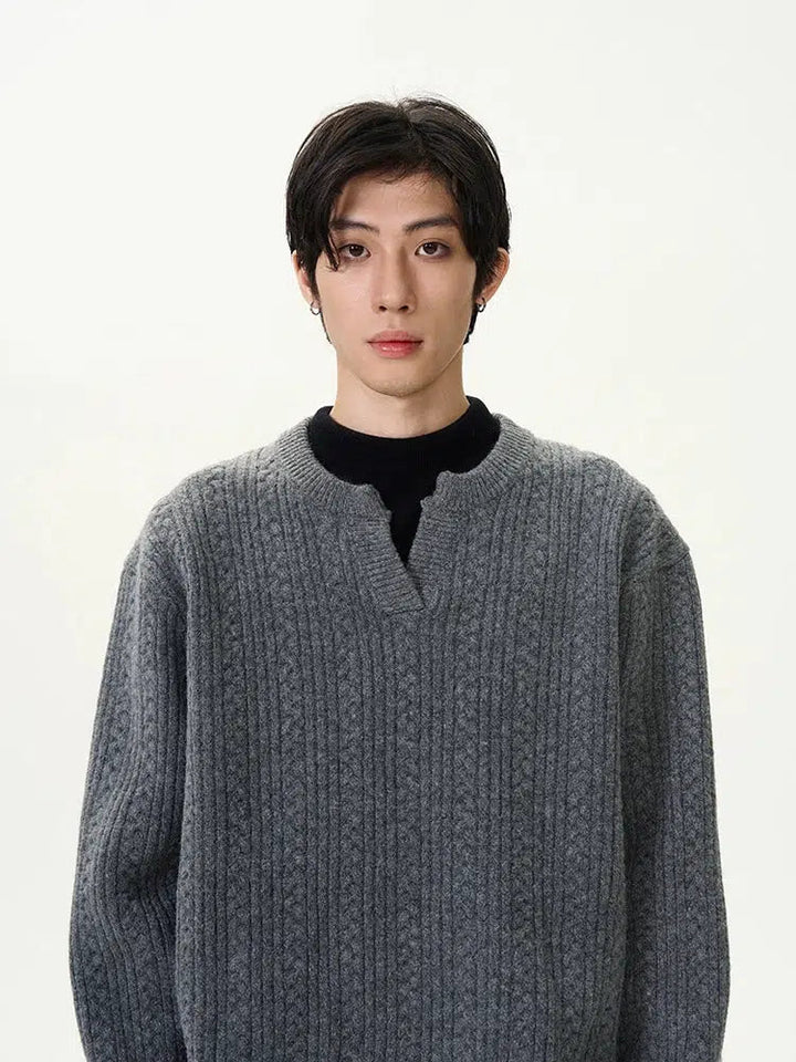 V-Slit Neckline Cable Knit Sweater