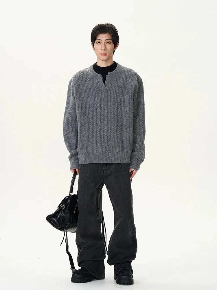 V-Slit Neckline Cable Knit Sweater