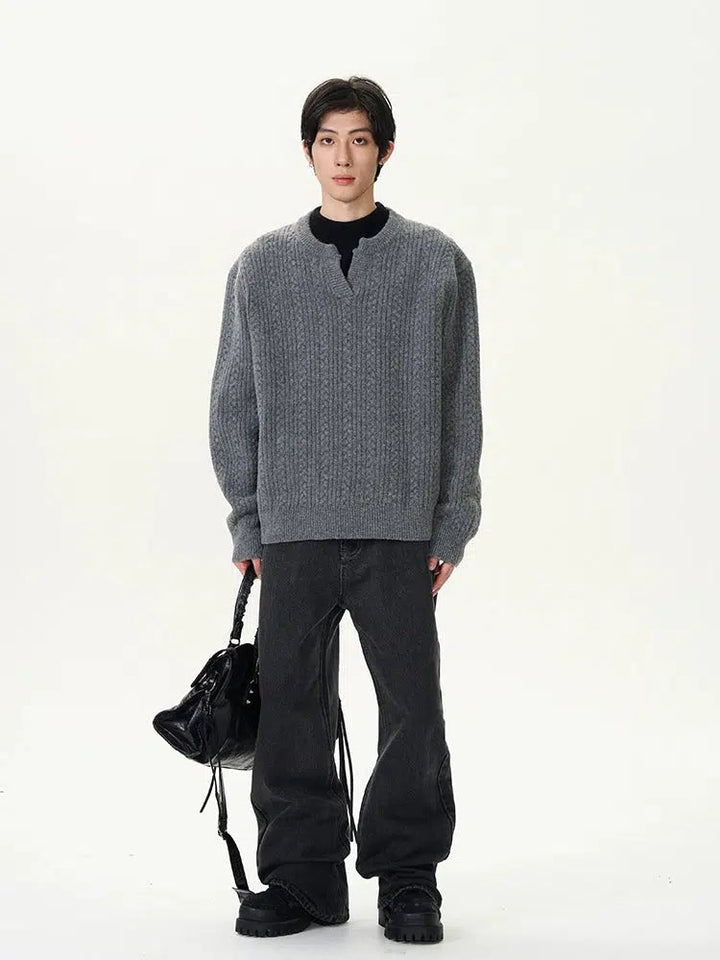 V-Slit Neckline Cable Knit Sweater