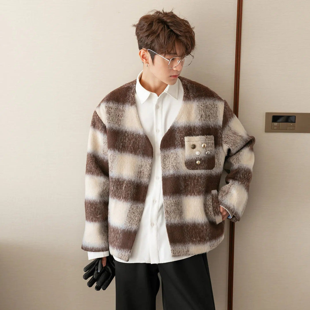 V-neck Color Striped Woolen Coat
