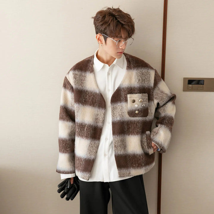 V-neck Color Striped Woolen Coat
