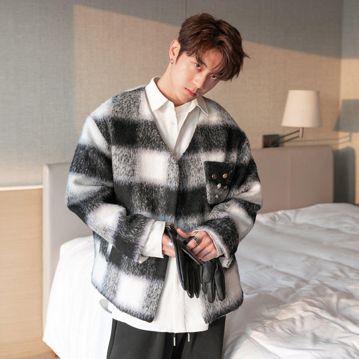 V-neck Color Striped Woolen Coat